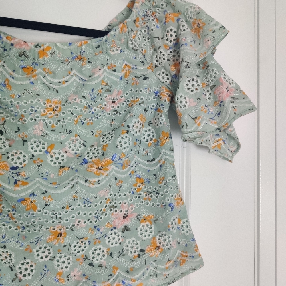 *Laia Anthropologie Seafoam Floral Eyelet Blouse Cotton Feminine Boho Top Small - Picture 5 of 9